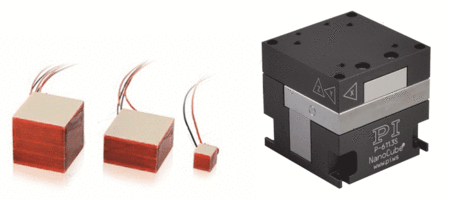Left: Variety piezo shear actuators. These actuators provide lateral motion over several microns of travel. Single and multi-axis versions are available. (Image: PI Ceramic)  Right: A P-611 NanoCube® XYZ piezo nanopositioning stage. This stage provides up to 100µm travel and precision guidance through a frictionless flexure mechanism. Position feedback is available for closed-loop operation with improved accuracy and linearity. (Image: PI)