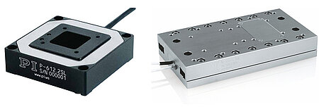 (left) P-612: a compact XY nanopositioning stage based on piezo drives and frictionless flexure guides: 100µm travel range   (right) N-664: a linear nanopositioning stage, based on a PiezoWalk linear motor, combines piezo-class resolution with long travel ranges found in traditional positioning stages. The piezo motor is inherently stiff and self-clamping, providing better position stability compared to traditional drive technologies. (Image: PI)