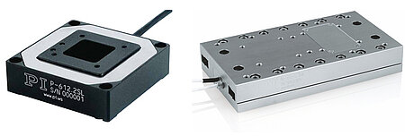 (left) P-612: a compact XY nanopositioning stage based on piezo drives and frictionless flexure guides: 100µm travel range (right) N-664: a linear nanopositioning stage, based on a PiezoWalk linear motor, combines piezo-class resolution with long travel ranges found in traditional positioning stages. The piezo motor is inherently stiff and self-clamping, providing better position stability compared to traditional drive technologies. (Image: PI)