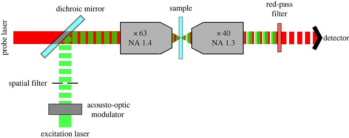 Basic design of a photothermal microscope: the sample can be scanned with a piezo stage. (Source: D. J. Nieves, Y. Li, D. G. Fernig, R. Lévy)