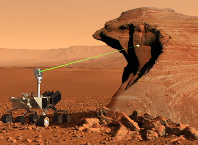 Rendering of Mars Rover with laser beam for Laser Induced Breakdown Spectrometry (LIBS) (Image: NASA/JPL)