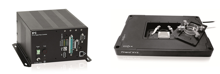 (left) Piezo nano-precision mechanisms have come a long way, but so have controllers. Advanced digital algorithms, such as used in the E-727, improve resolution, stability, linearity and settling behavior. (right) PInano® P-545 XYZ scanning stages find use in single molecule bio-imaging and DNA stretching applications, such as described in this recent article on DNA‐doxorubicin interaction. (Image: PI)